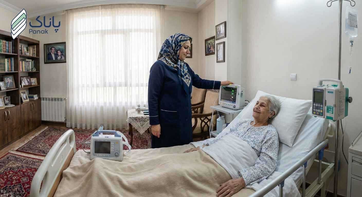 پرستار متخصص در حال تنظیم دستگاه اکسیژن و مراقبت‌های ویژه ICU در منزل